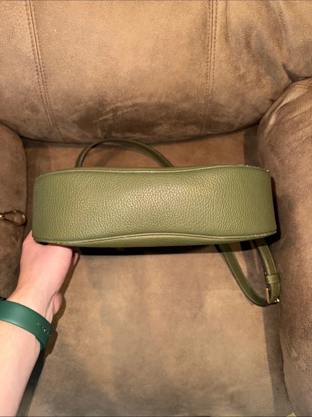 kate spade olive green pebbled leather shoulder bag with striped web strap